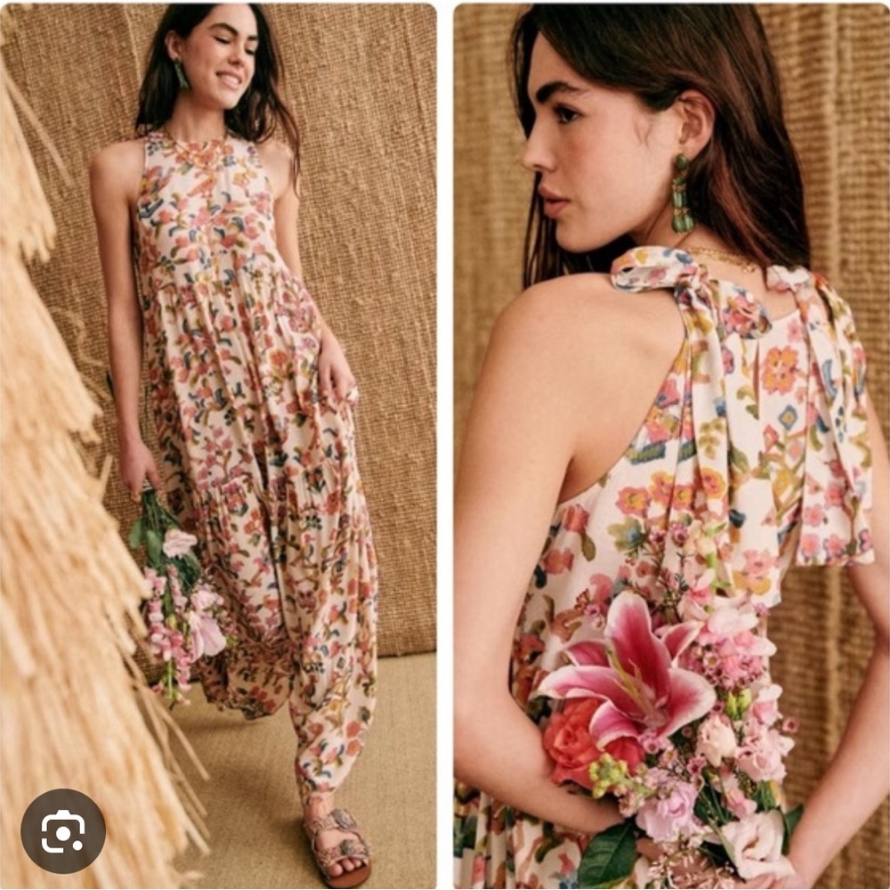 Sezane Dolce Dress Maxi Villa Print Tree of Life Floral Bird Ecru Size 40 US 8